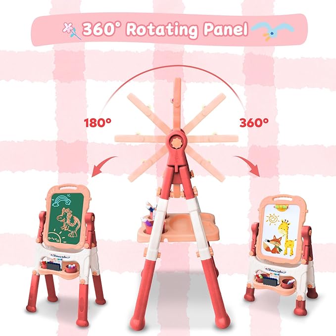 Easel for Kids, Double Sided Kids Art Easel with White Board & Chalk Board, Adjustable Standing Toddler Easel with Drawing & Writing Accessories, Toy for Age 2-4 Boys Girls Birthday Gifts (Pink)