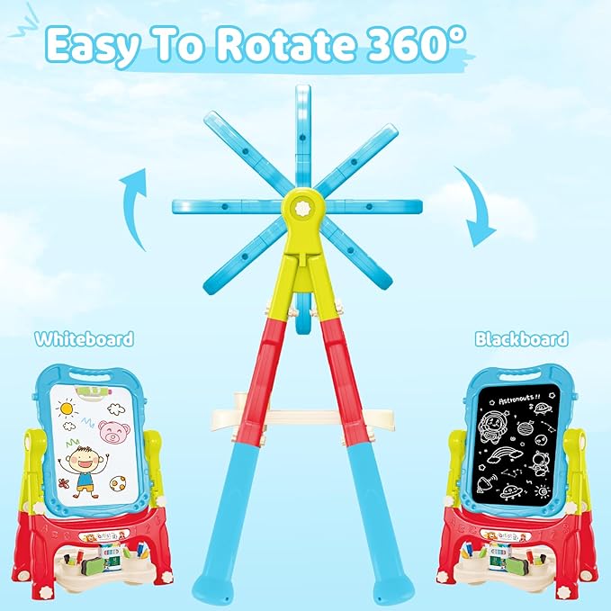 deAO Art Easel Toys for Kids, 4-in-1 Double Magnetic Drawing Board Adjustable Standing Rotatable Sidewalk Chalk with Painting Writing Accessories, Easel Toys Birthday Gifts for Girls Boy (Blue)