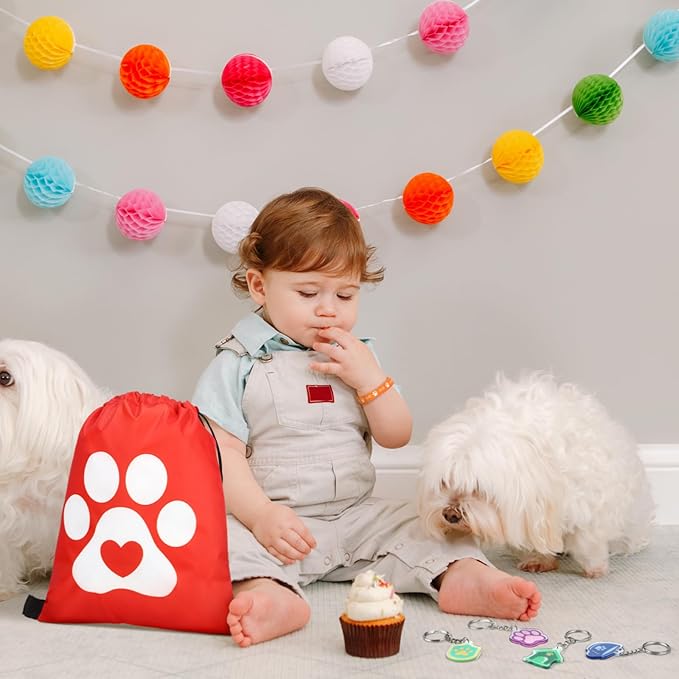 Talltalk 48 Pcs Paw Dog Party Supply Puppy Dog Party Favor Set 16 Paw Print Drawstring Bags Gift Goodie Bags 16 Paw Wristband Rubber Bracelet 16 Patrol Keychain for Puppy Birthday Party Favor Boy Girl