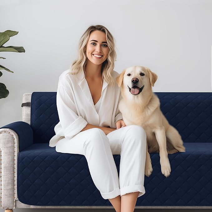 CHUN YI Couch Cover, Water Resistant Slipcover for 3 Cushion Sofa, Reversible Washable Sofa Cover with Adjustable Strap Storage Pocket for Living Room Dog Pet (Sofa, Navy)