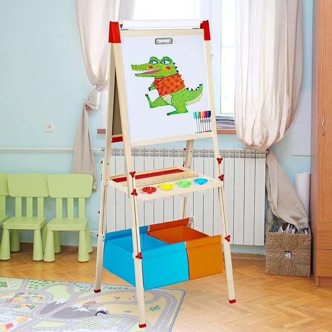Easel for Kids Art Easel for Kids Ages 4-8,Kids Easels Wooden Kid Easel with Paper Roll, Adjustable Magnetic Double Sided Easel for Toddlers 2-4 Years - All in one Kids Art Easel