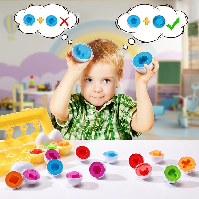 Matching Eggs 12 pcs Set Easter Eggs - Educational Color & Shape Recognition Sortere Skills Study Toys, Montessori Toys, STEM Educational Toy Gift for Toddler 1 2 3 Year Old
