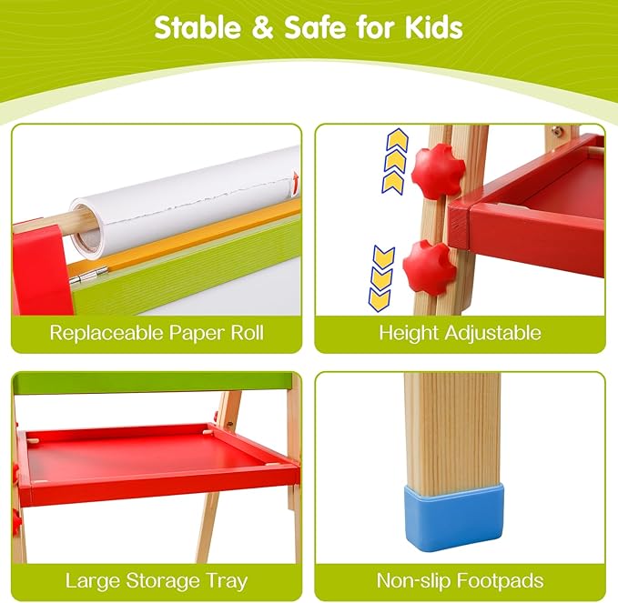 Easel for Kids Double-Sided Kids Easel with Paper Roll Wooden Art Easel Whiteboard & Chalkboard Adjustable Standing Toddler Easel with Accessories Gift for Boys and Girls