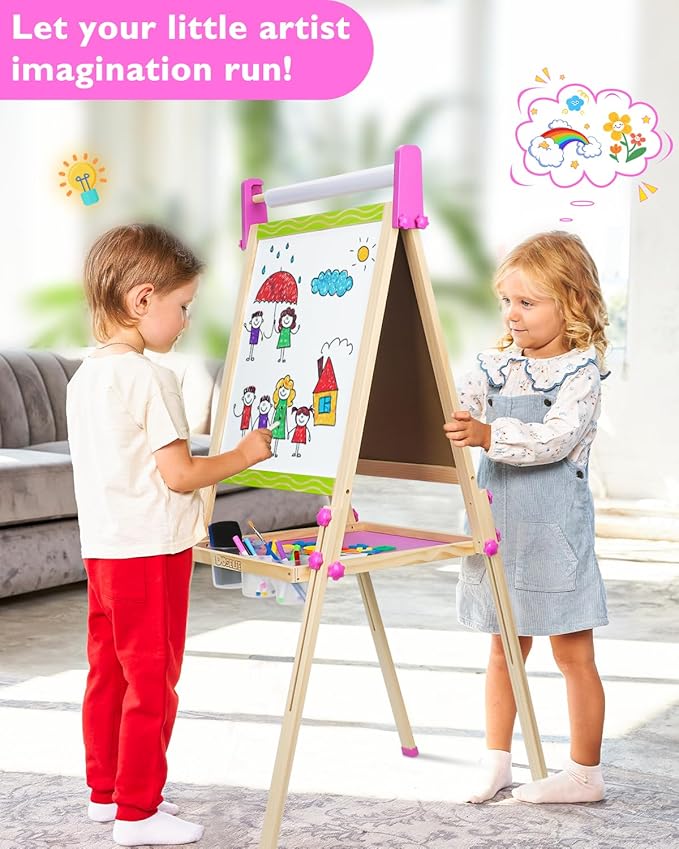 Easel for Kids,Toddler Art Easels for Painting, Stand Kids Easel White Board Dry Erase,Height Adjustable Double-Sided Magnetic Whiteboard and Chalk Board with Paper Roll Art Supplies for Ages 2-4,5-7