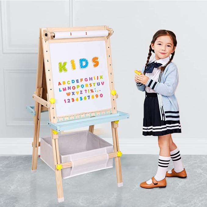 Easel for Toddlers Kids Easel with Paper Roll Double-Sided Whiteboard & Chalkboard Standing Easel with Numbers and Other Accessories for Kids and Toddlers