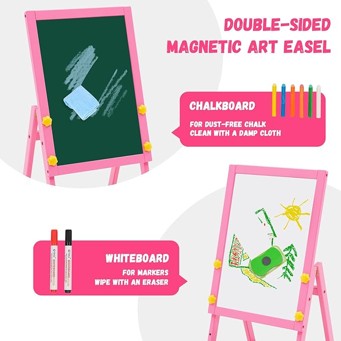 NUKied Wooden Kids Easel Double Sided Easel Height Adjustable Drawing Board Standing Art Easel for Kids with Foldable Storage Tray for Boys and Girls 3+ (Pink)