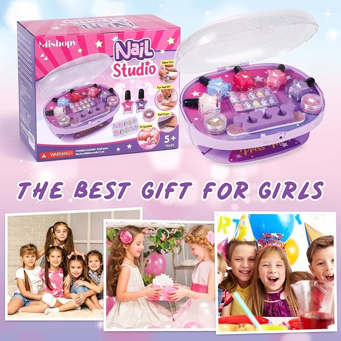 Golray Kids Nail Polish Set for Girls, All-in-One Nail Art Kit - Nail Dryer/ Nail Polish/ Glitter Powder/ False Nails/ Nail Decals/ Toe Separator/File, Age 3-12 Little Girl Gift Toys