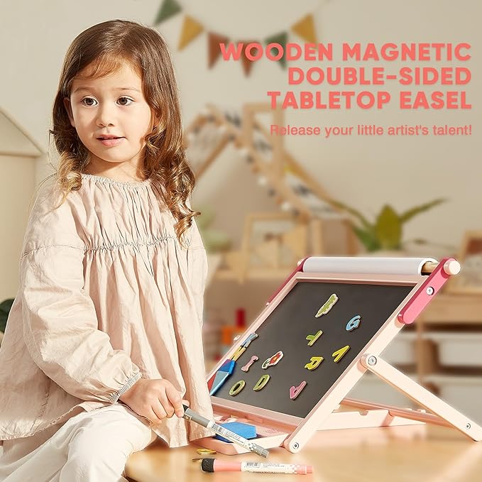 FUNLIO Anti-Warping Tabletop Easel for Kids Ages 3+ (100+ Pcs), Kids Easel with Whiteboard, Chalkboard & Paper Roll, Wooden Double-Sided Magnetic Table Easel with 3 Adjustable Angles, Foldable - Pink