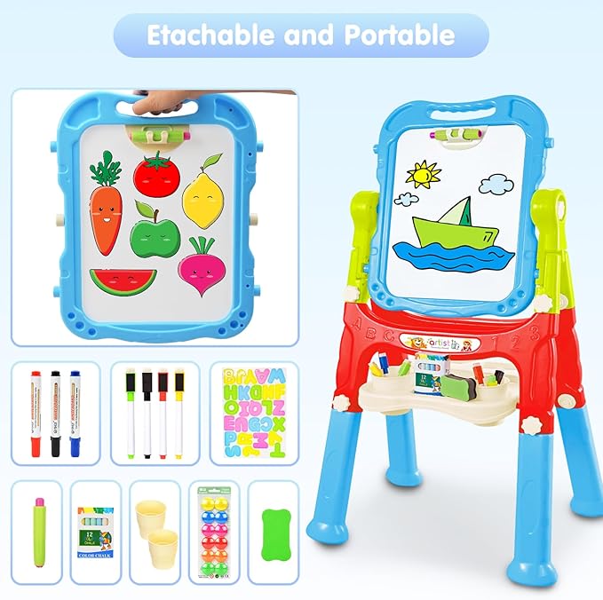 Easel for Kid, Double Sided Kids Art Easel with Magnetic Chalkboard & White Board, Adjustable Standing Painting Drawing Board for Toddler, Education Gift Toy for Boy Girls Age 3, 4, 5 (Blue+red)