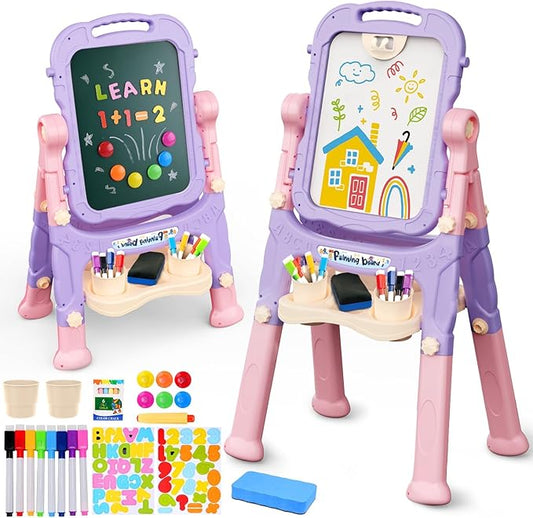 Easel for Kids, Kids Easel, Double-Sided Art Easel for Kid 3-4, Chalk Board Kid, Toddler Easel, White Board Kid, Kid Art Easel, Art Easel for Kid Age 4-8, Christmas Gift for Kids, Pink&Purple