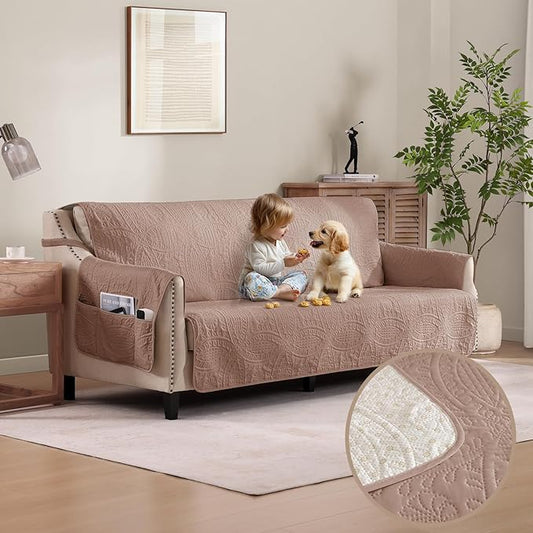 Soft Quilted Pink Couch Cover Waterproof for Extra-Large Sofa, Anti-Slip Sofa Covers for Dogs Washable, Pet Friendly Oversized Sofa Cover with Storage Pockets (X-Large Sofa 78", Pink)