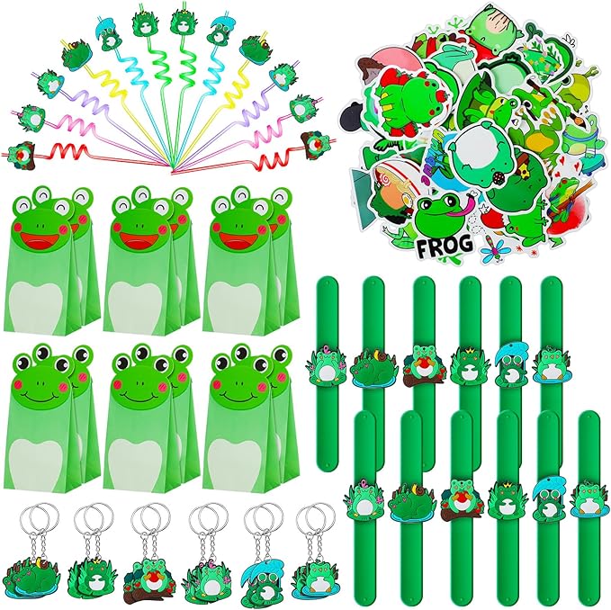 98 Pcs Frog Party Favor Supplies Set Include Frog Party Paper Bags Frog Stickers Frog Keychains Curly Drinking Straws Animal Slap Bracelets for Boy Girl Animal Frog Themed Birthday Decoration