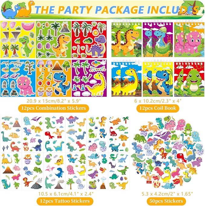 Dinosaur Party Favors, Dinosaur Birthday Decorations, Dinosaur Gifts Bags Keychain Mini Notepad Stickers Bracelets for Dinosaur Party Supplies Kids Boys Girls