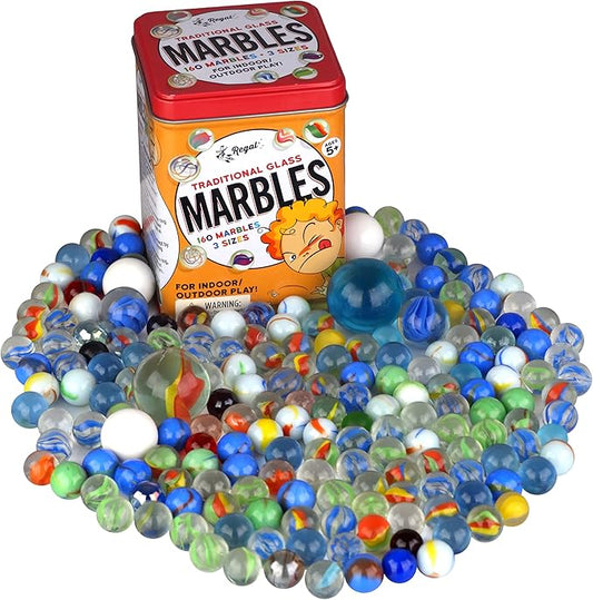Regal Games 160 Count Traditional Glass Marbles with a Storage Tin, 3 Sizes, Variety of Patterns