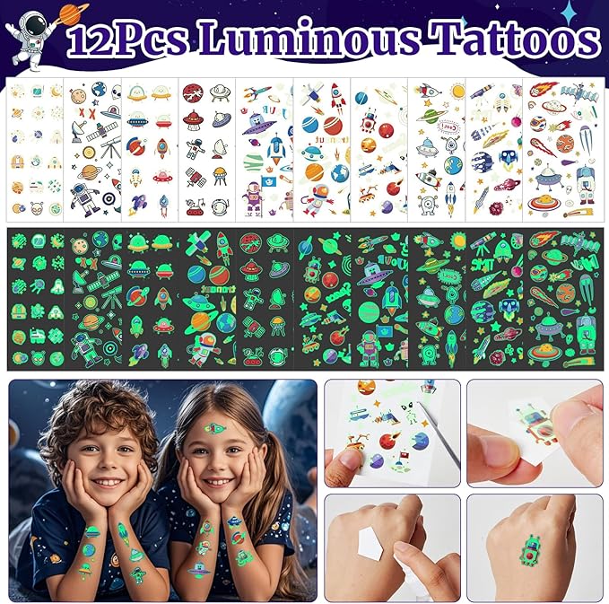 Outer Space Party Favors Birthday Supplies, Space Themed Non-Woven Gift Bag Astronaut Eraser Silicone Bracelet Keychain Luminous Tattoo Stickers Galaxy Space Goodie Bags for Kids Party Decoration