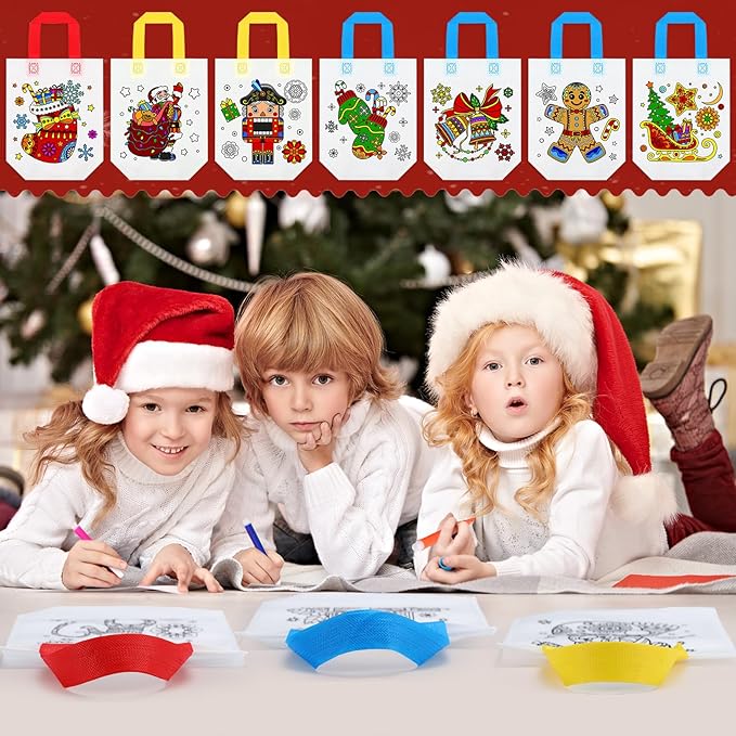 Pasimy 24 Pieces Mandala Christmas Coloring Goodies Bags with 144 Makers Recycle Bag Coloring Gifts Bags Color Your Own Totes for Kids DIY Painting Art Crafts Xmas Holiday Birthday Party Favors