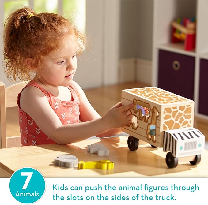 Melissa & Doug Animal Rescue Shape-Sorting Truck - Wooden Toy With 7 Animals and 2 Play Figures -Vehicle Toys For Toddlers