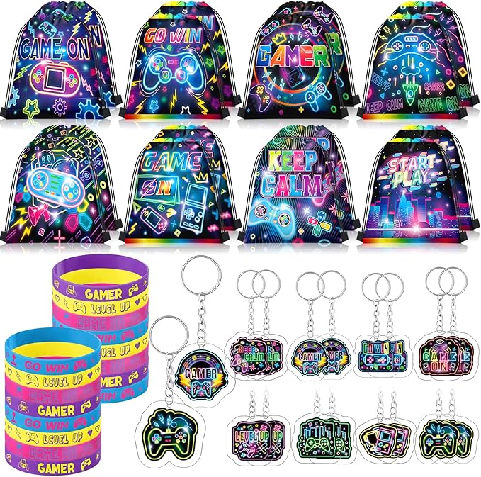 Talltalk 48 Pcs Neon Video Game Party Favors with 16 Neon Video Game Drawstring Backpack Gamer Goodie Bags Snack Candy Bags 16 Game Wristband Rubber Bracelet 16 Keychains for Neon Game Birthday Party