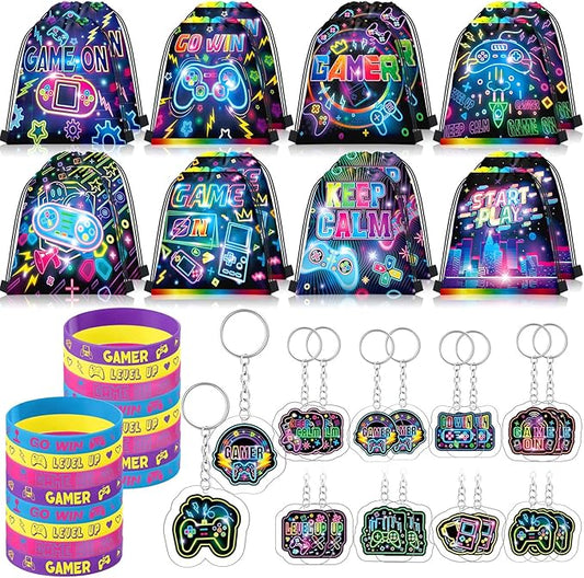 Talltalk 48 Pcs Neon Video Game Party Favors with 16 Neon Video Game Drawstring Backpack Gamer Goodie Bags Snack Candy Bags 16 Game Wristband Rubber Bracelet 16 Keychains for Neon Game Birthday Party