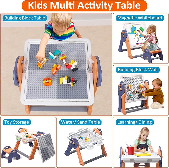 Easel for Kids, Foldable Toddler Easel with Building Block Table, Kids Standing Art Easel with Painting Accessories, Dry Erase Board Magnetic Whiteboard for Kids Toddlers Boys Girls
