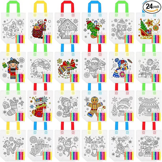 Pasimy 24 Pieces Mandala Christmas Coloring Goodies Bags with 144 Makers Recycle Bag Coloring Gifts Bags Color Your Own Totes for Kids DIY Painting Art Crafts Xmas Holiday Birthday Party Favors
