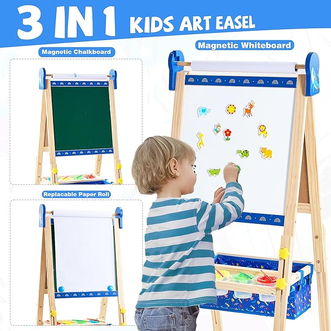 Easel for Kids, Art Easel Kids Easels for Toddlers, Adjustable Magnetic Chalkboard & Whiteboard Wooden Painting Easel with Paper Roll, Foldable Easel for Toddlers Boys Girls Ages 3-12 (Blue)