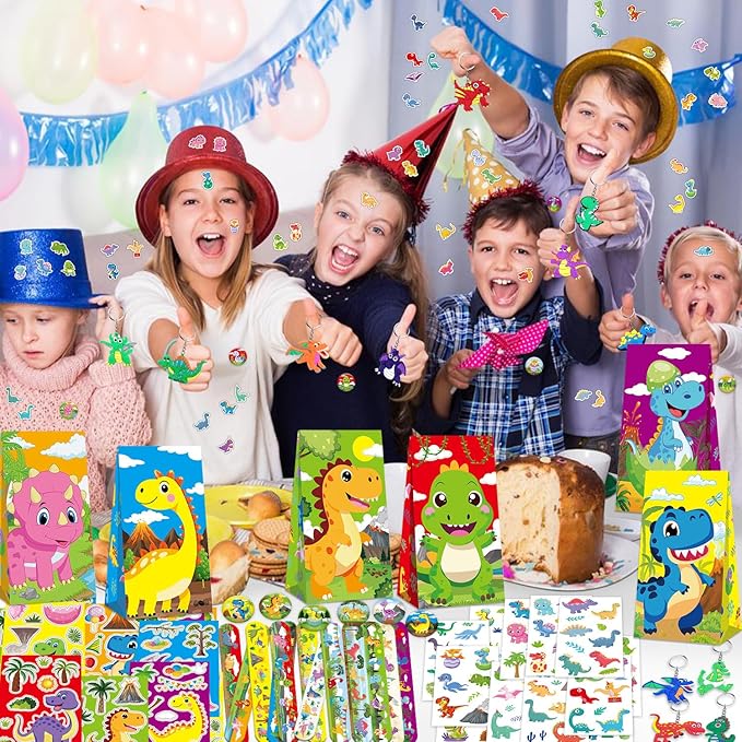 Dinosaur Party Favors, Dinosaur Birthday Decorations, Dinosaur Gifts Bags Keychain Mini Notepad Stickers Bracelets for Dinosaur Party Supplies Kids Boys Girls