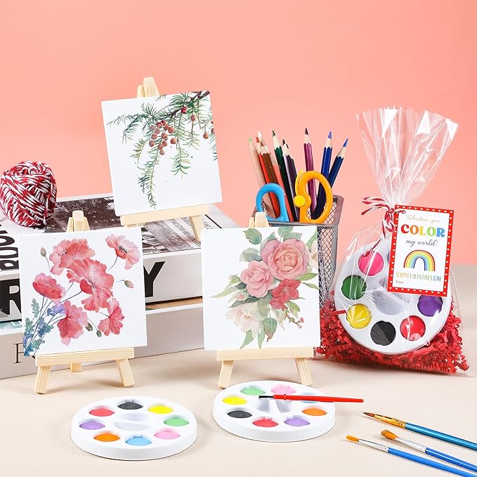 74 Pcs Valentine's Day Mini Watercolor Paint Set with Easel, Valentines Gift Watercolor Painting Bulk 8 Colors Watercolor Paints with Cards for Party Art Supplies Beginner Painting