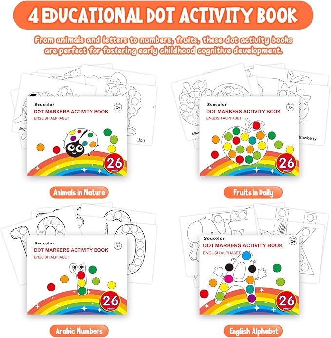 Soucolor 48-Pack 12 Colors Washable Bingo Paint Daubers Markers for Toddlers Kids Preschool, Dot Markers Set with 4- Pack Tearable Activity Books for Toddler Arts and Crafts Kits Supplies