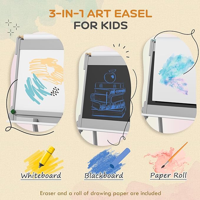 Qaba Art Easel, Easel for Kids with Paper Roll, Double Sided Whiteboard & Chalkboard for Toddlers Aged 3-8 Years Old, with Painting Paper Stand, 2 Storage Boxes, Gray