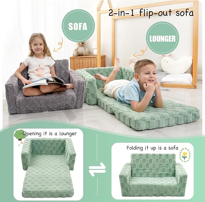 Kids Sofa, Toddler Chair, 2-in-1 Flannel Kids Fold Out Couch, Toddler Convertible Sofa to Lounger, Flip Open Toddler Couch for Kids (Green)