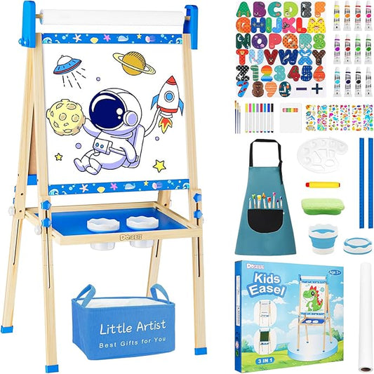 Easel for Kids,Adjustable Wooden Toddler Art Easels, Boys Toys for Ages 5-7,Magnetic White Board and Chalk Board with Art Supplies, 3 4 5 6 7 8 9 10 Year Old Boys Birthday Gift
