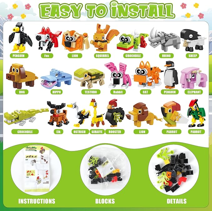 Erweicet Valentines Day Gifts for Kids 24 PCS Animals Building Blocks with Valentines Gift Cards for Kids Boys Girls Classroom Gift Exchange