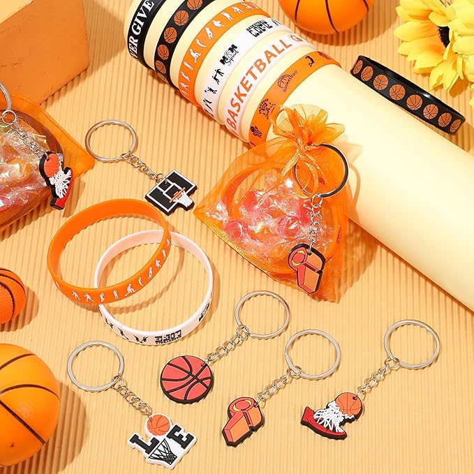 ShinyRelief 72 Pcs Basketball Party Favors Included 24 Motivational Silicone Wristbands 24 Basketball Keychains 24 Organza Bags for for Basketball Birthday Decorations Team Gift