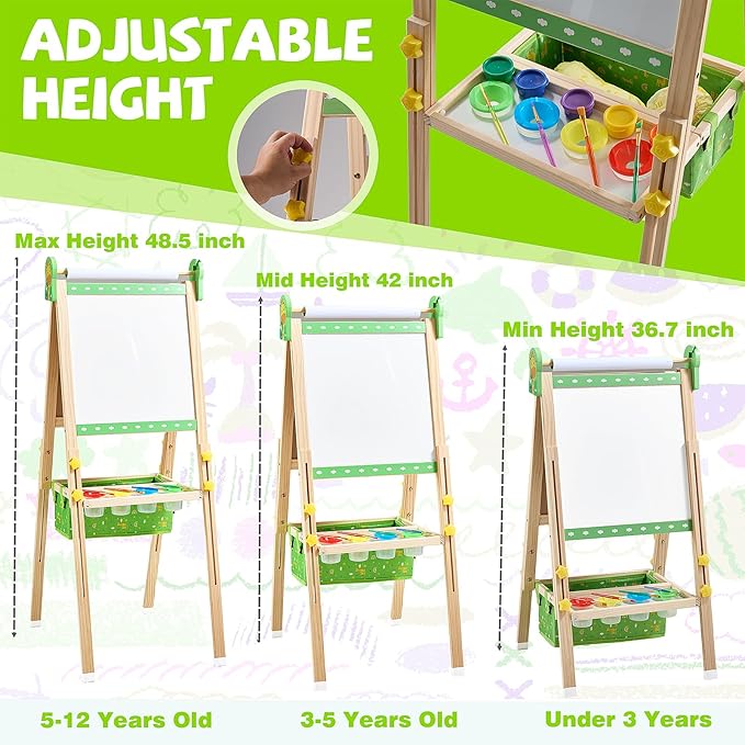 Easel for Kids, Art Easel Kids Easels for Toddlers, Adjustable Magnetic Chalkboard & Whiteboard Wooden Painting Easel with Paper Roll, Foldable Easel for Toddlers Boys Girls Ages 3-12 (Grass Green)