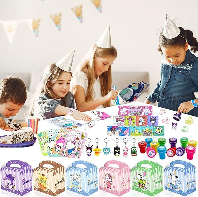 Cute Party Favors,Cute Birthday Party Supplies include 12Goodie Boxes, 12DIY Stickers, 12Slap Bracelets, 12Stamps, 12Keychains,Best Goodie Bags Stuffers for Kawaii Themed,Pinata Fillers,School Prizes