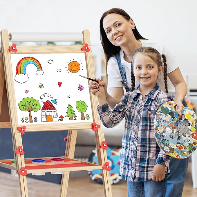Easel for Kids Including 100+ Accessories, Kids Easel Double Sided Wooden, White Board & Magnetic Drawing Board & Paper Roll, Height Adjustable Standing Art Easel for Kids 3-4 4-8 9-12
