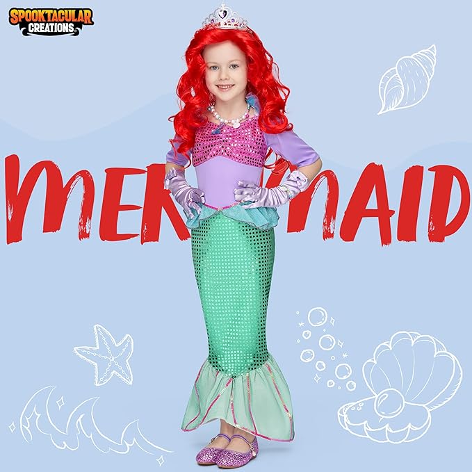 Spooktacular Creations Halloween Little Mermaid Costume for Girls, Sequin Mermaid Dress Set, Light Purple Princess Dress for Toddler Dress-Up, Cosplay Party (3T, 3-4 yrs)