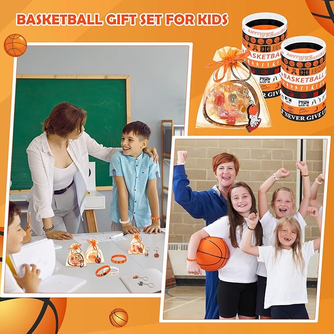 ShinyRelief 72 Pcs Basketball Party Favors Included 24 Motivational Silicone Wristbands 24 Basketball Keychains 24 Organza Bags for for Basketball Birthday Decorations Team Gift