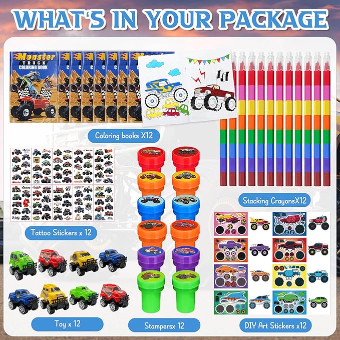 Cinrobiye 72Pcs Monster Truck Coloring Book with Crayons Bulk，Truck Car Party Favors Goodie Bags Fillers，Hot Wheels Birthday Party Supplies Face Stickers Tattoo Prizes Gift for Monster Truck Party