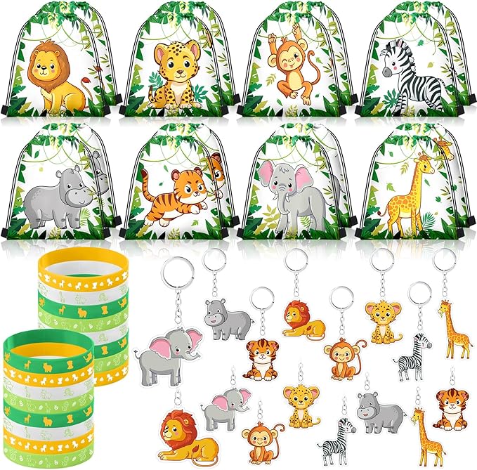Talltalk 48 Pcs Jungle Safari Party Favors with 16 Wild Animals Drawstring Bags Goodie Bags Candy Treat Bag 16 Animals Wristband Bracelet 16 Animals Keychain for Zoo Birthday Baby Shower Party