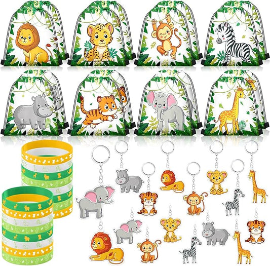 Talltalk 48 Pcs Jungle Safari Party Favors with 16 Wild Animals Drawstring Bags Goodie Bags Candy Treat Bag 16 Animals Wristband Bracelet 16 Animals Keychain for Zoo Birthday Baby Shower Party