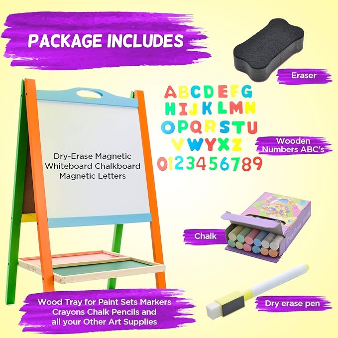 Double Sided Wooden Art Easel for Kids Standing Magnetic Whiteboard Chalkboard Small Toddler Toys. Includes Wooden ABC Numbers. Eco Friendly