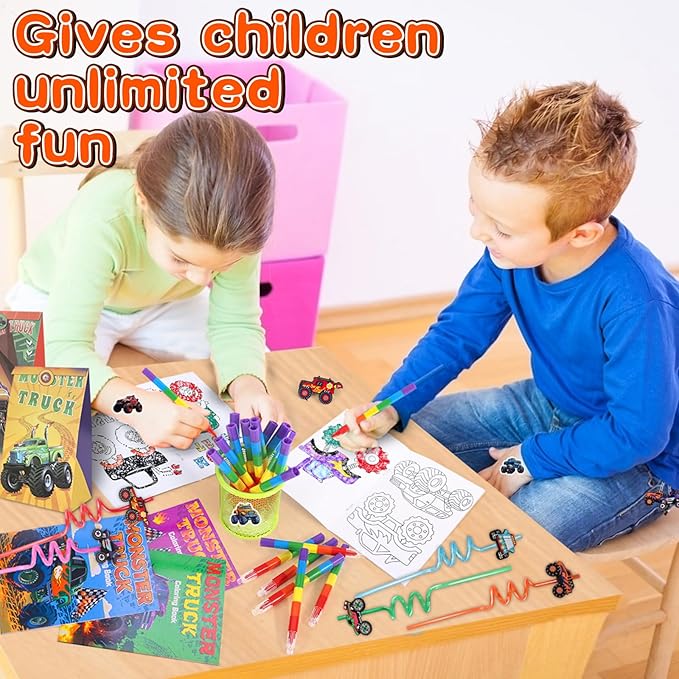 Monster Truck Party Favors Serve 12, Machine Jam Birthday Supplies include Slap Bracelet Coloring Books with Stacking Crayons Drinking Straws Keychain Stickers Gift Bags for Kids 122Pcs
