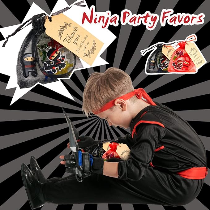 Libima 168 Pcs Ninja Party Favors Karate Birthday Party Supplies Ninja Toys, 48 Small Figurines, 24 Flying Toys, 24 Silicone Bracelets, 24 Keychains, 24 Organza Bags, 24 Thank Card
