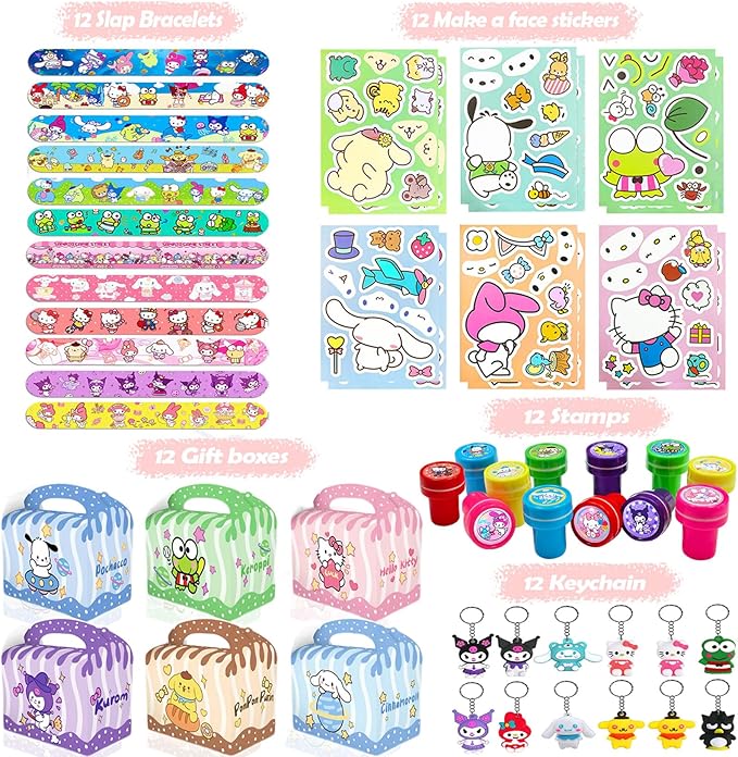 Cute Party Favors,Cute Birthday Party Supplies include 12Goodie Boxes, 12DIY Stickers, 12Slap Bracelets, 12Stamps, 12Keychains,Best Goodie Bags Stuffers for Kawaii Themed,Pinata Fillers,School Prizes