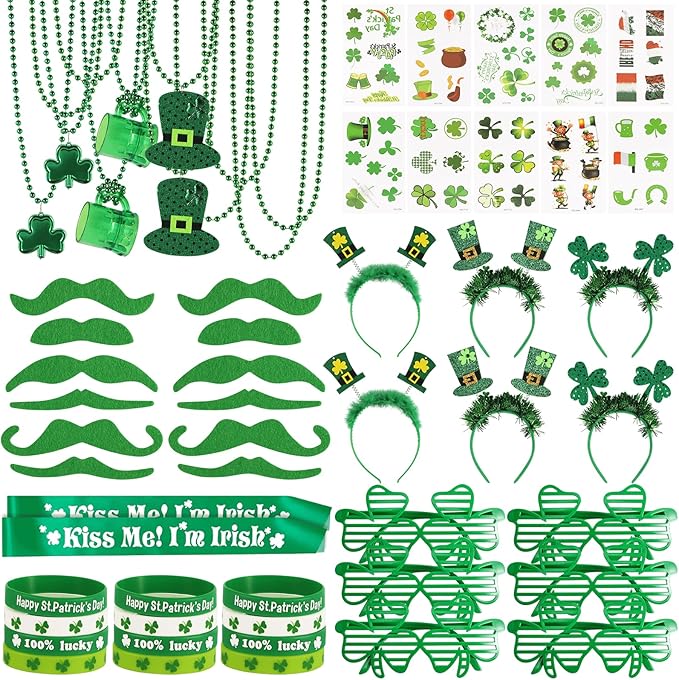 St. Patrick's Day Party Favor Set, St. Patrick's Day Novelty Jewelry Assortment with Headband Necklace Bracelet Glasses Tattoo Stickers Accessories Kiss Me I'm Irish Sash for Irish Party Décor