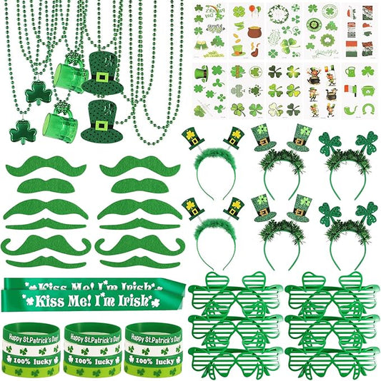 St. Patrick's Day Party Favor Set, St. Patrick's Day Novelty Jewelry Assortment with Headband Necklace Bracelet Glasses Tattoo Stickers Accessories Kiss Me I'm Irish Sash for Irish Party Décor