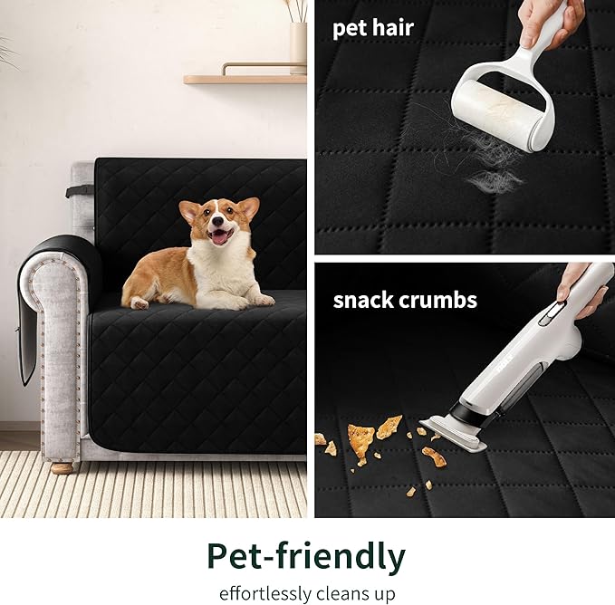 CHUN YI Couch Cover, Water Resistant Slipcover for 3 Cushion Sofa, Washable Sofa Cover with Adjustable Strap Storage Pocket for Living Room Dog Pet (Sofa, Black)