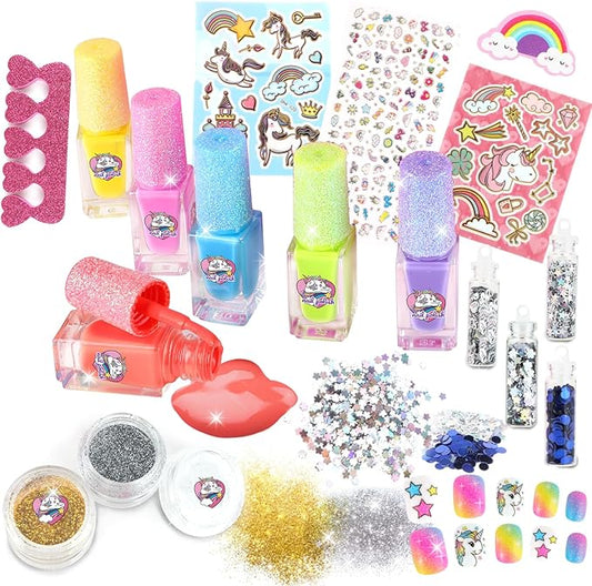 Luucio Kids Nail Polish Set for Girls Ages 5-12, All-in-One Kids Nail Art Salon Set - Nail Dryer, Nail Polish, Glitter Powder, False Nails, Nail Decals, Toe Separator, File (Purple Nail Set)